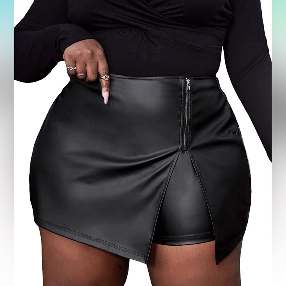 MakeMeChic Womens Plus Size Faux Leather Skort Zipper Front Split Black‎ XL